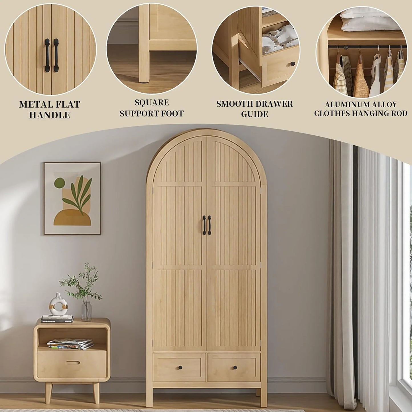 Oubayajia Arched Armoire Wardrobe Closet with Fluted Doors, Wooden Wardrobe Closet with Drawers, Shelves and Hanging Rod for Bedroom