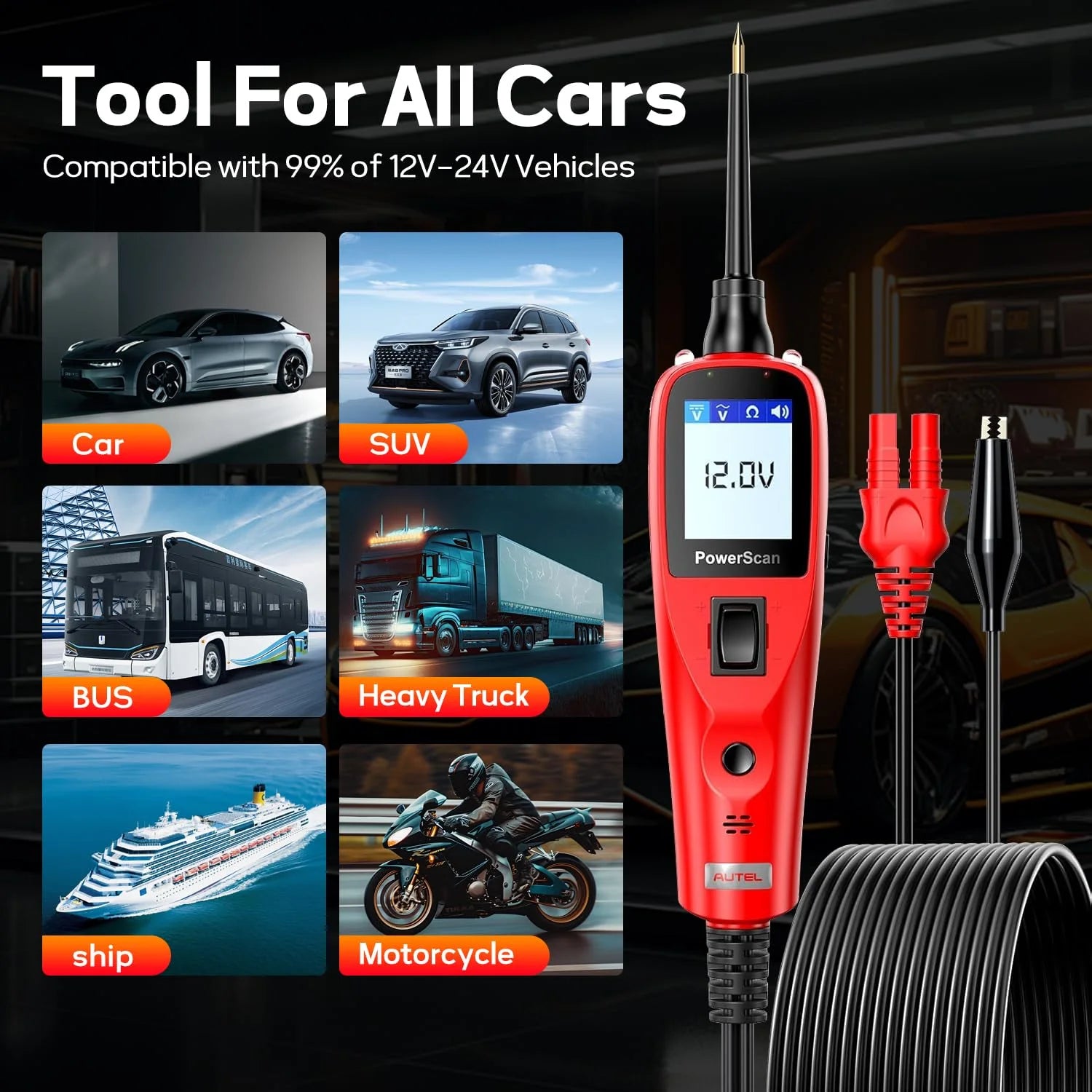 Autel PowerScan PS100 Automotive Circuit Tester, Power Circuit Probe Scan Tool, 12-24V Electrical Short Open Breaker Circuit Finder, AC/DC Current Resistance, 20ft Extension Cord