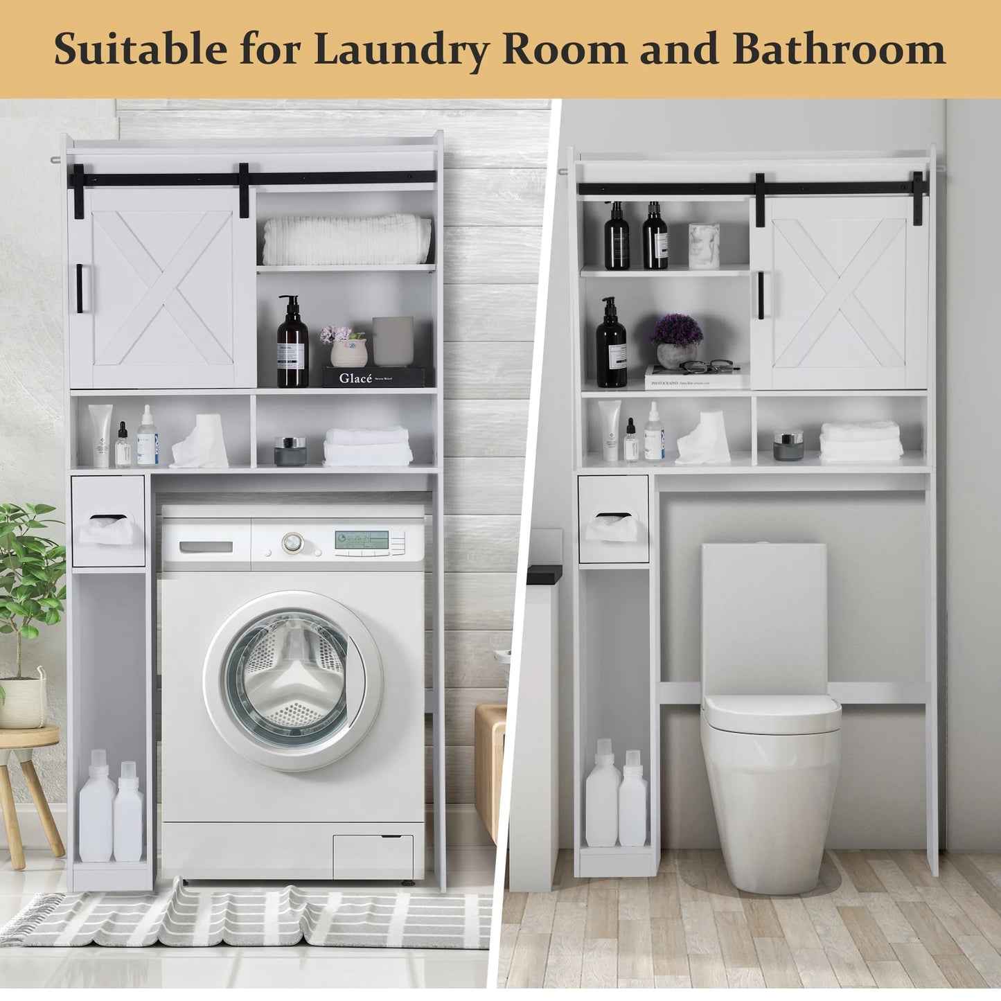 YISUFO Over The Toilet Storage Cabinet, Bathroom Organizer Shelf with 2 Barn Door & Toilet Paper Holder Stand, Space-Saving Toilet Rack