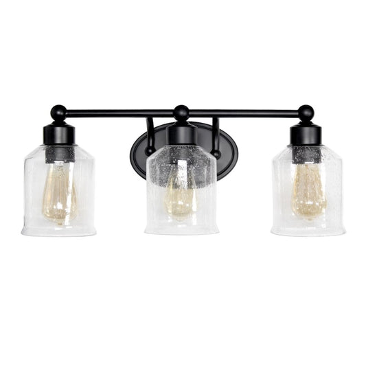 Elegant Designs 22" Modern Timeless Decorative 3 Light Wall Mounted Vanity Fixture with Clear Speckled Glass Shades for Bathroom, Entryway, Hallway, Foyer, Office, Bedroom, Dining Room, Black