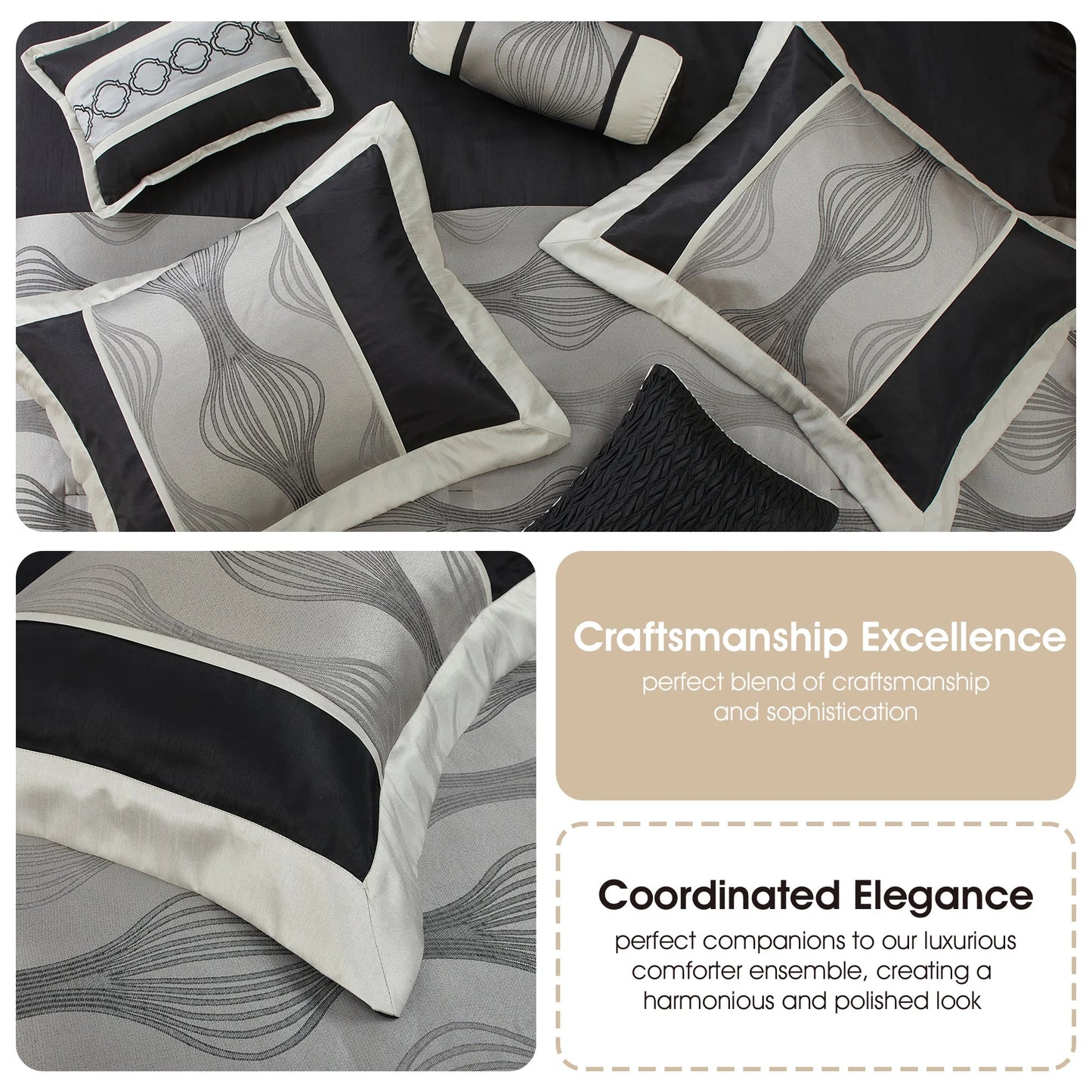 Lanco Black Silver Comforter Set , California King Size , 7 Pieces Fashion Jacquard Bedding Set