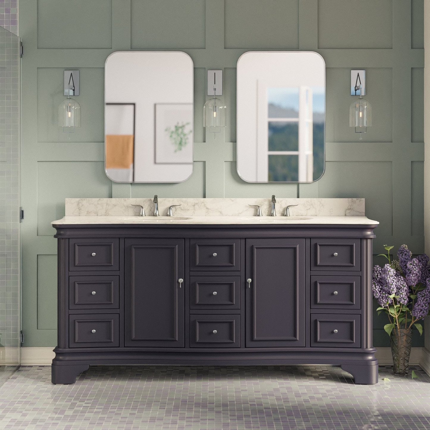 Katherine 72" Double Bathroom Vanity with White Cabinet and Carrara Marble Top