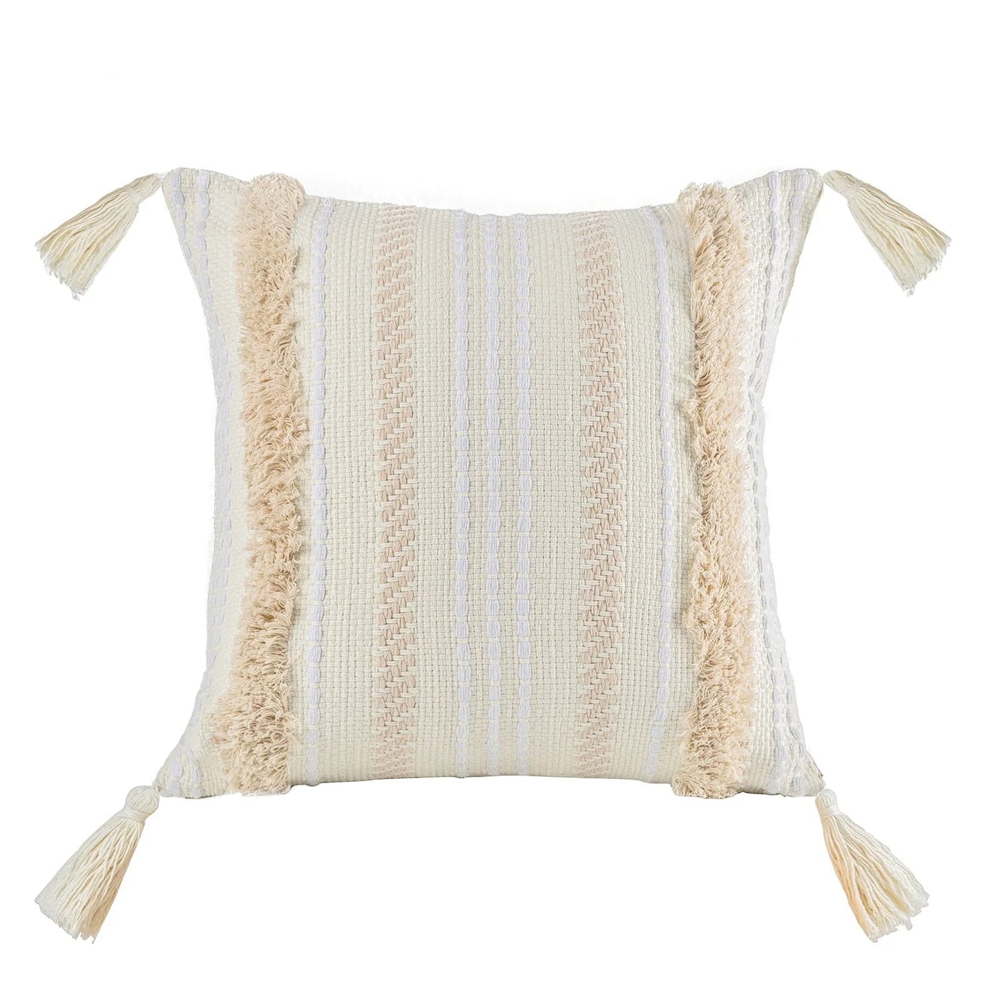 Phantoscope Boho Woven Tufted with Tassel Series Decorative Throw Pillow, 18" x 18", Cream White Stripe, 1 Pack