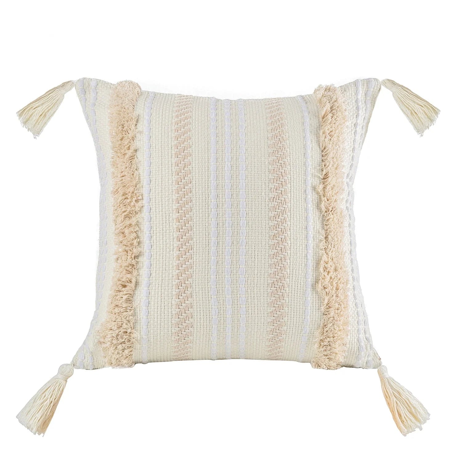 Phantoscope Boho Woven Tufted with Tassel Series Decorative Throw Pillow, 18" x 18", Cream White Stripe, 1 Pack