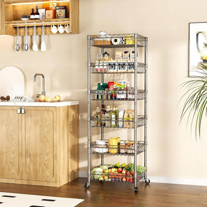 6 Tier Wire Shelving Unit with Wheels Baskets Storage Rack Corner Shelves Adjustable Shelf Closet Bathroom Organizers Metal Pantry Kitchen Garage Laundry Room 13.5" D x 13.5" W x 63" H White
