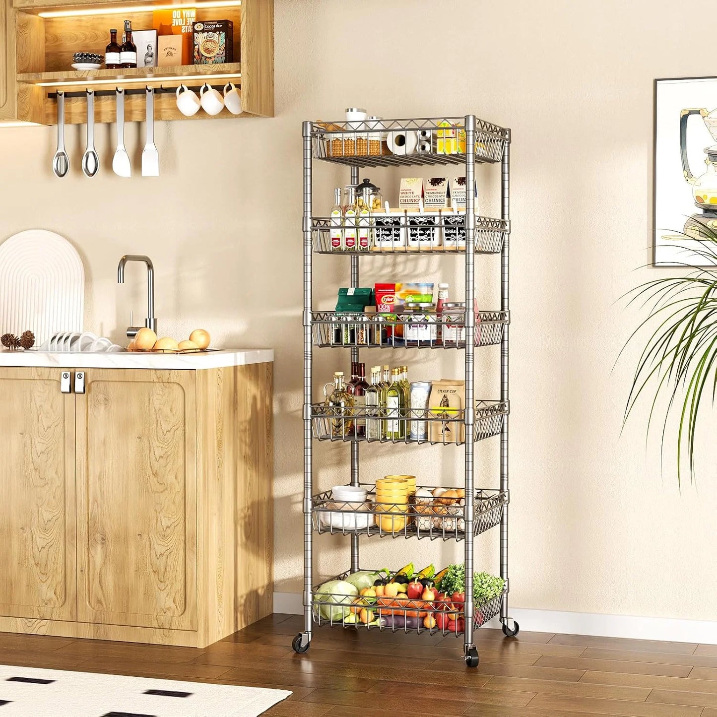 6 Tier Wire Shelving Unit with Wheels Baskets Storage Rack Corner Shelves Adjustable Shelf Closet Bathroom Organizers Metal Pantry Kitchen Garage Laundry Room 13.5" D x 13.5" W x 63" H Silver