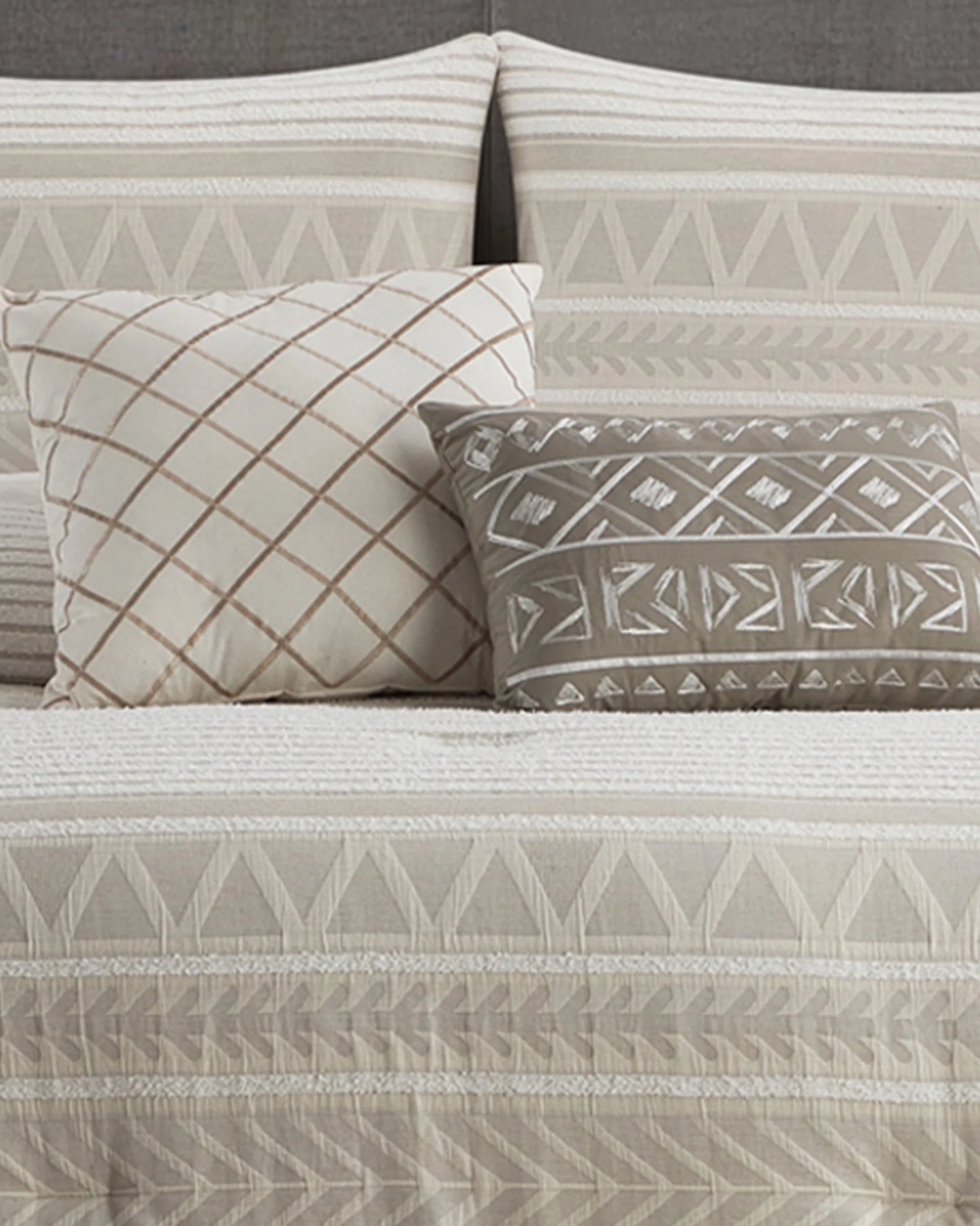 Lanco 100% Cotton Queen Size Comforter Set , 6 Piece , Beige Geometric Jacquard Bedding Set