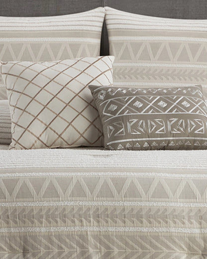 Lanco 100% Cotton Queen Size Comforter Set , 6 Piece , Beige Geometric Jacquard Bedding Set