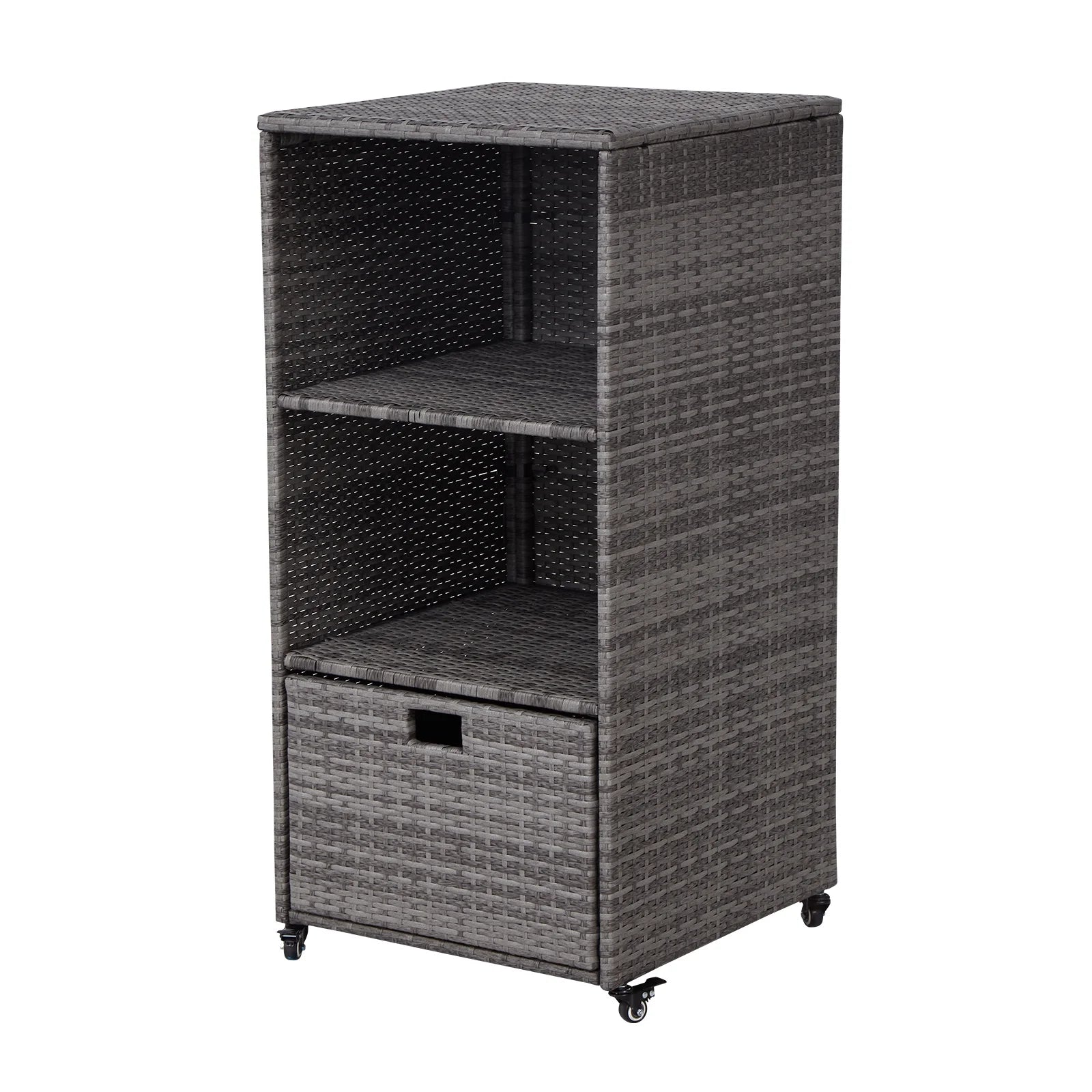 Kinbor Outdoor Pool Towel Rack, Waterproof PE Rattan Storage Cabinet Organizer with 2 Storage Shelves & 1 Bottom Drawer, Gray