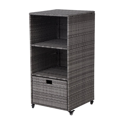 Kinbor Outdoor Pool Towel Rack, Waterproof PE Rattan Storage Cabinet Organizer with 2 Storage Shelves & 1 Bottom Drawer, Gray