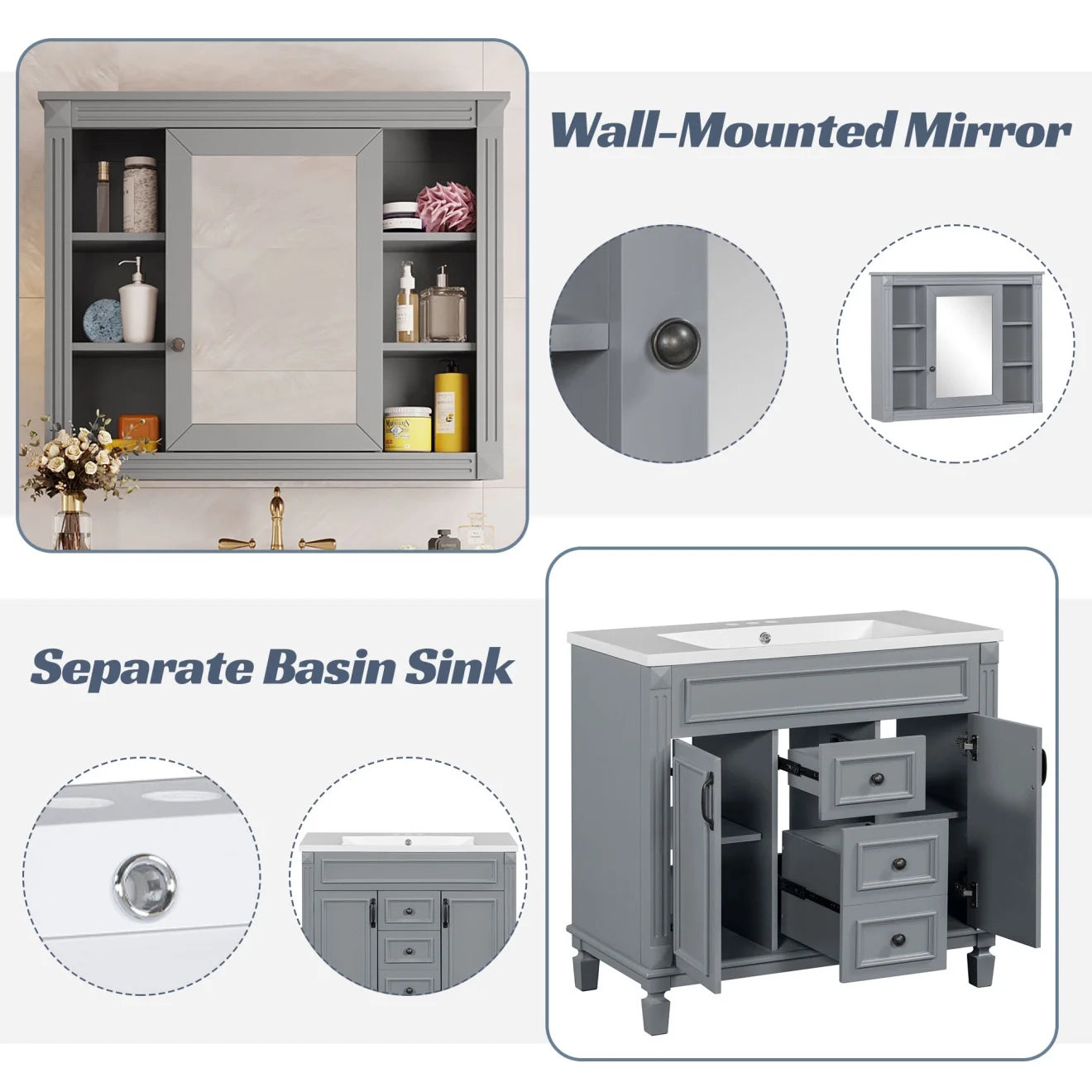 Modern Bathroom Cabinet Set with Top Sink, Bathroom Vanity with Wall Mounted Bathroom Storage Cabinet, 2 Soft Closing Doors, 2 Drawers, Water-Resistant Paint, Grey
