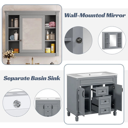 Modern Bathroom Cabinet Set with Top Sink, Bathroom Vanity with Wall Mounted Bathroom Storage Cabinet, 2 Soft Closing Doors, 2 Drawers, Water-Resistant Paint, Grey