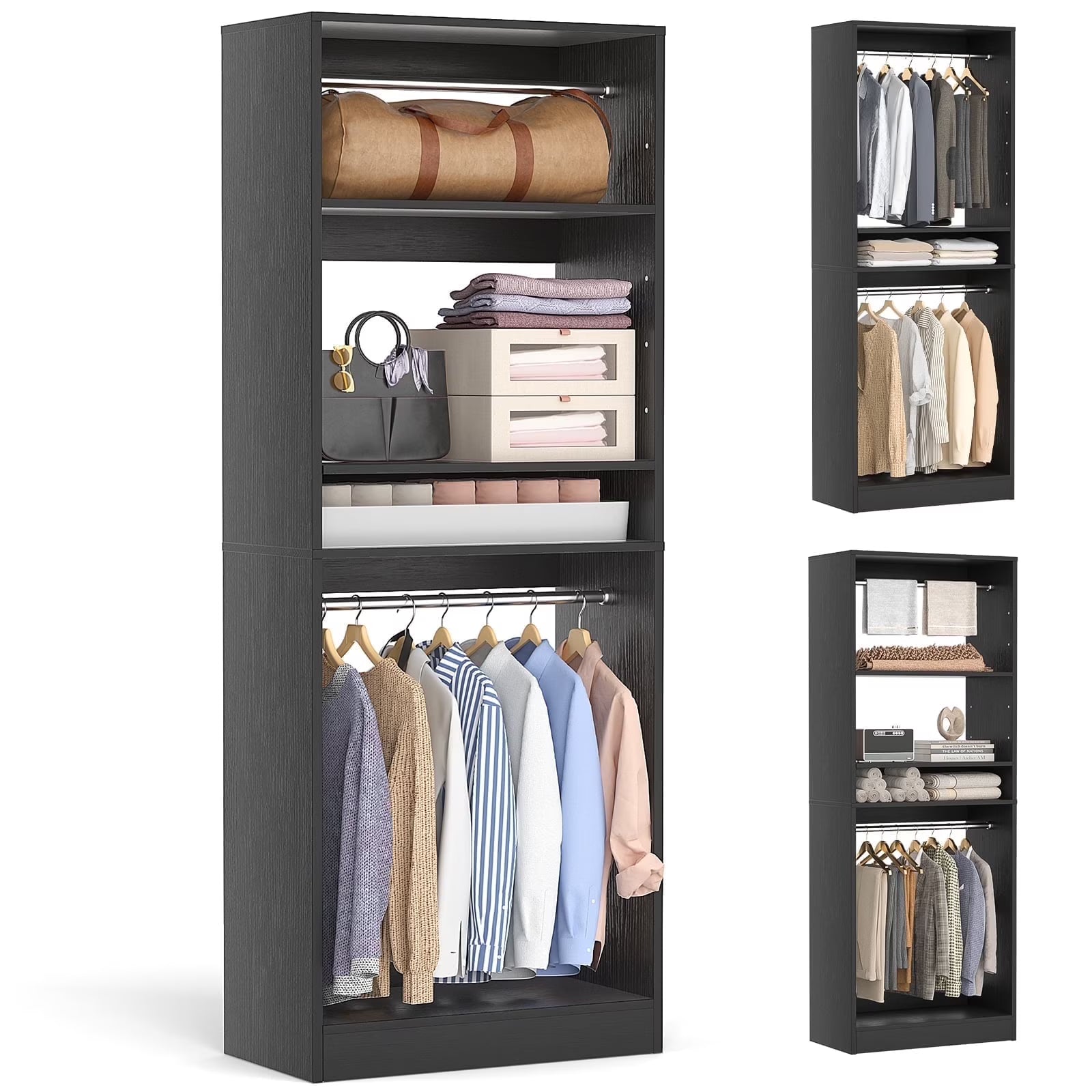 Homieasy 25°?Closet System, Freestanding Closet Organizer Wardrobe with Hanging Rods and Shelves, Adjustable Clothes Garment Rack, Sturdy Walk in Closet Tower, White