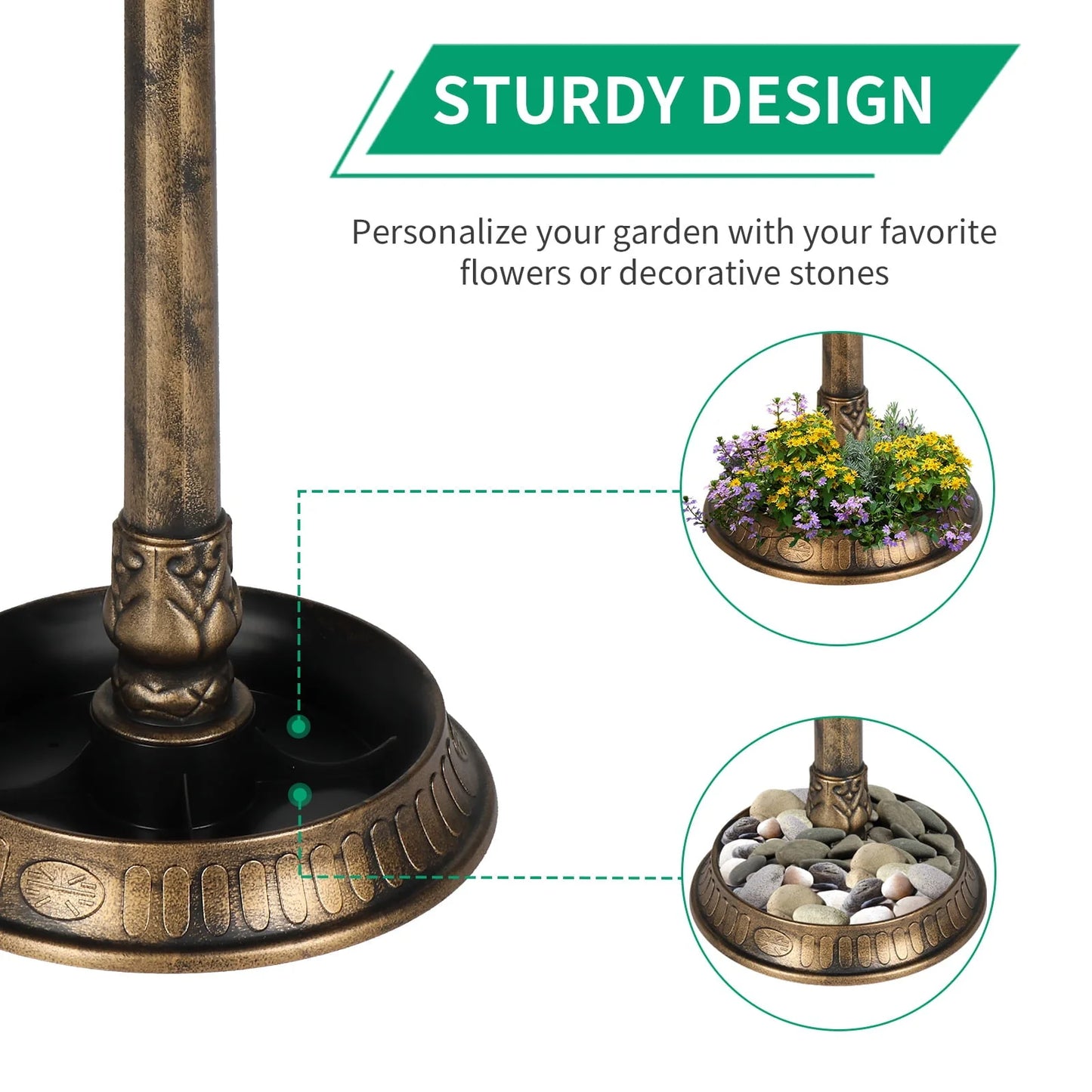 GoDecor Bird Bath Pedestal Birdbaths Brown 42 Inch Bird Bath with Solar Light
