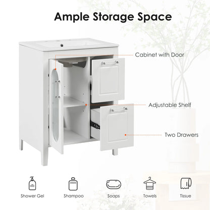 Soges 24" Bathroom Vanity with Ceramic Sink, Solid Wood Bathroom Makeup Cabinet with Door, Adjustable Shelf and 2 Drawer, Free Standing Single Basin Vanity Set for Small Bathroom, White