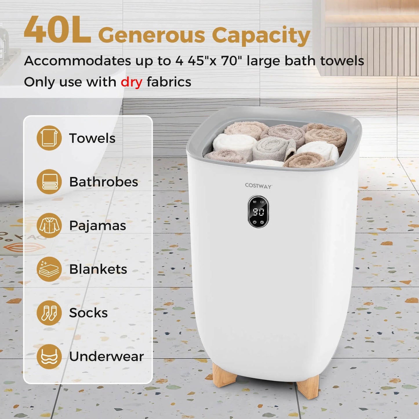 Costway 40L Large Towel Warmer for Bathroom with 2 Heat Levels Timer & Auto Shut off