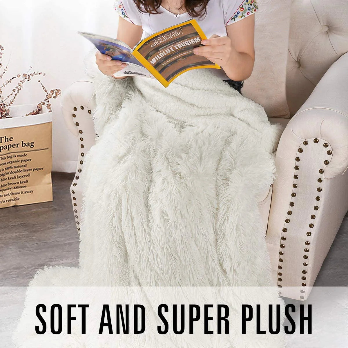Junovo Super Soft Throw Blanket for Bed, Fluffy Cozy Plush Light Blanket, Washable Warm Furry Throw Blanket for Couch Sofa Chair Home Decor, 50"x60" ,Cream White