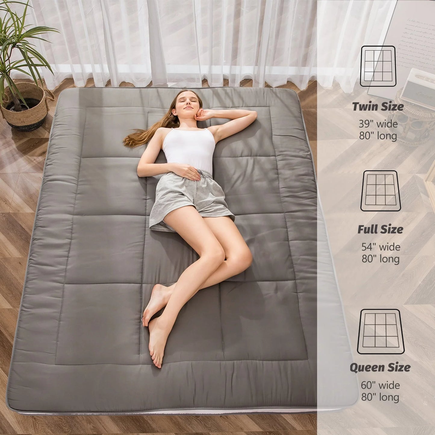 Mattress, Padded Japanese Floor Mattress Quilted Bed Mattress Topper, Extra Thick Folding Sleeping Pad, Dark Grey, Queen