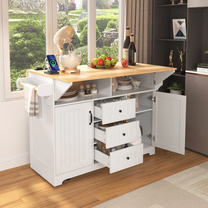 Yoneston 55.7" Kitchen Island with Drop Leaf and Power Outlet, Rolling Kitchen Cart with Spice Towel Rack, Folding Storage Dining Table with 3 Drawers 2 Doors for Kitchen Dining Room, White