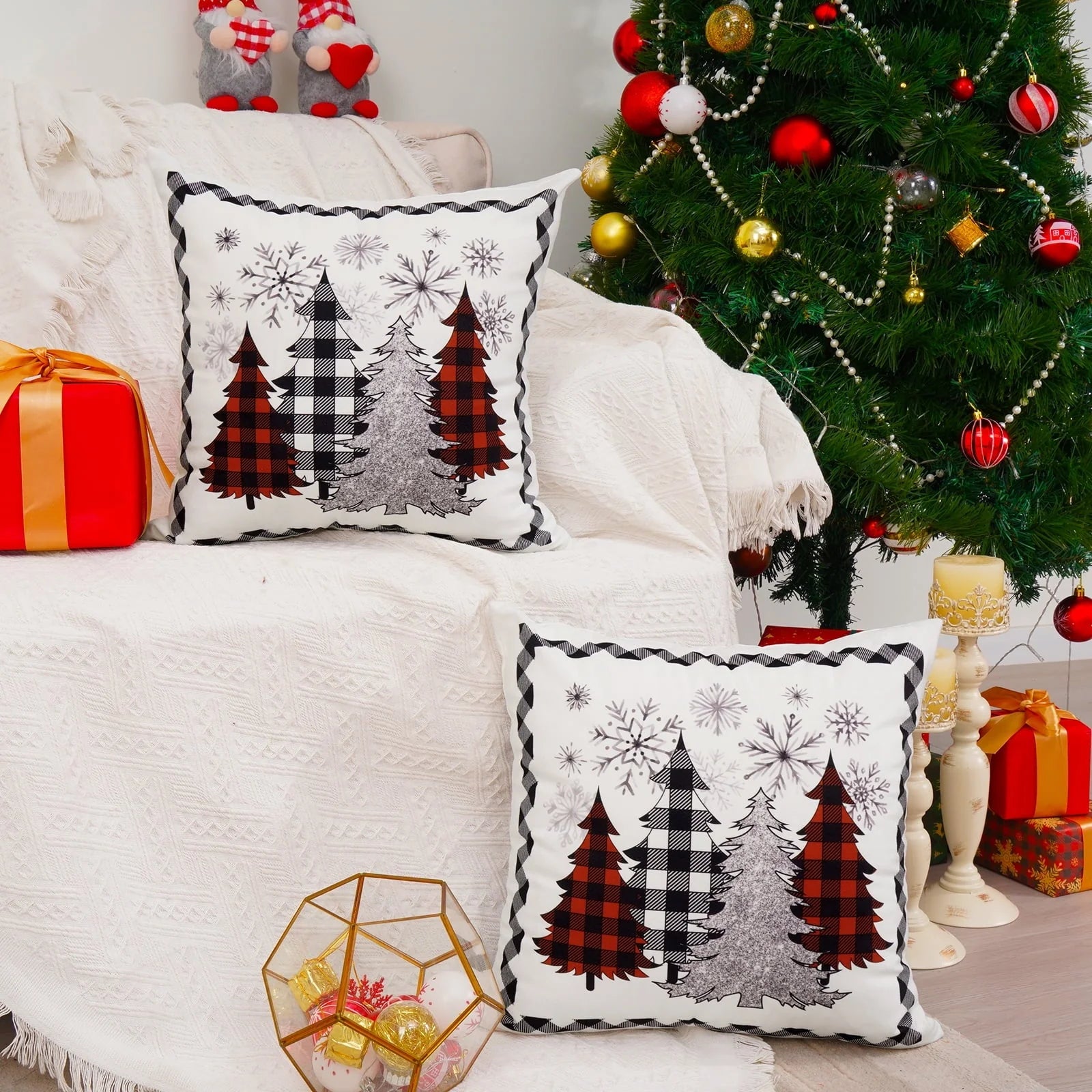 BLEUM CADE Christmas Pillow Covers 18 x 18 inch Grey Snowflakes Christmas Tree Throw Pillow Covers Set of 2,Xmas Buffalo Plaid Cushion Cover Winter Holiday Decorative Pillow Cases