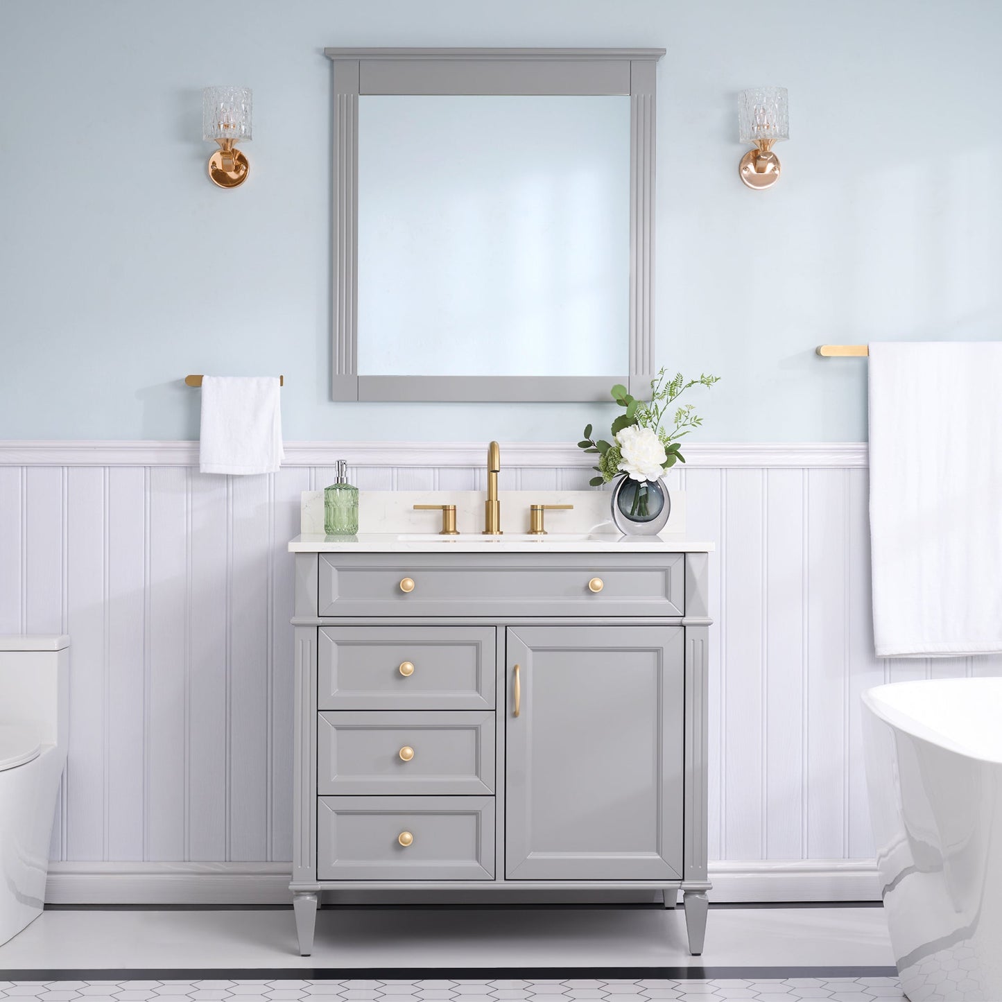 FORCLOVER 36" Bathroom Vanity with Sink Top Combo Set, Freestanding Solid Wood Bathroom Makeup Cabinet W/1 Soft-Close Door and 3 Soft-Close Drawers, Carrara White Quartz Countertop, Grey