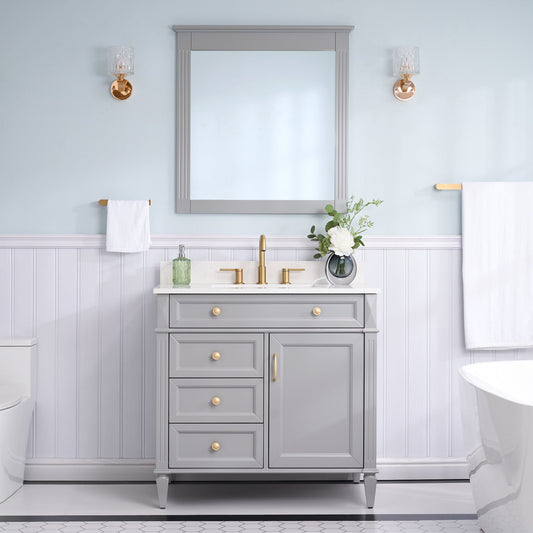 FORCLOVER 36" Bathroom Vanity with Sink Top Combo Set, Freestanding Solid Wood Bathroom Makeup Cabinet W/1 Soft-Close Door and 3 Soft-Close Drawers, Carrara White Quartz Countertop, Grey