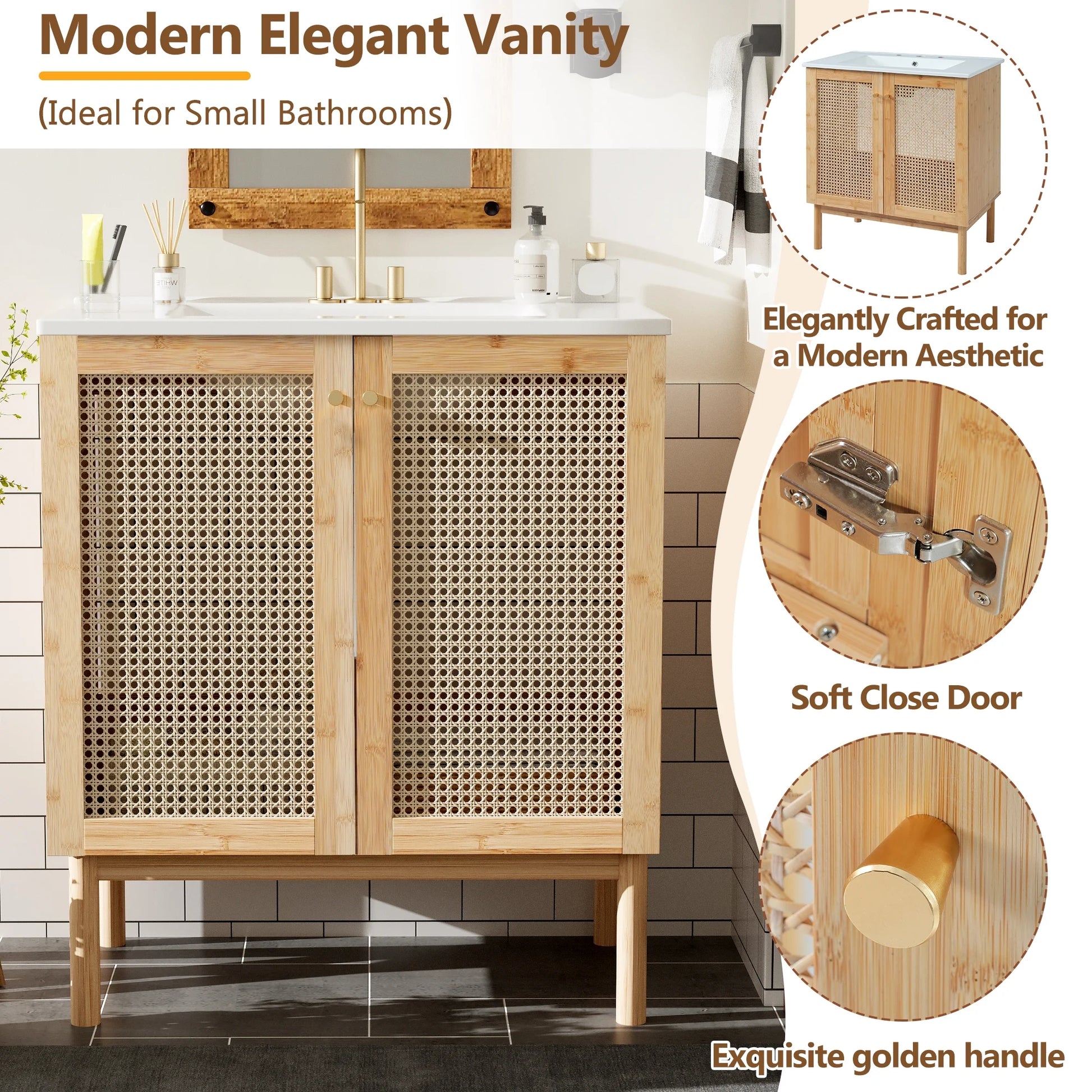 Harper & Bright Designs 30" Rattan Bathroom Vanity Combo with Ceramic Sink, Bathroom Vanity Cabinet with Soft Close Doors, Wood