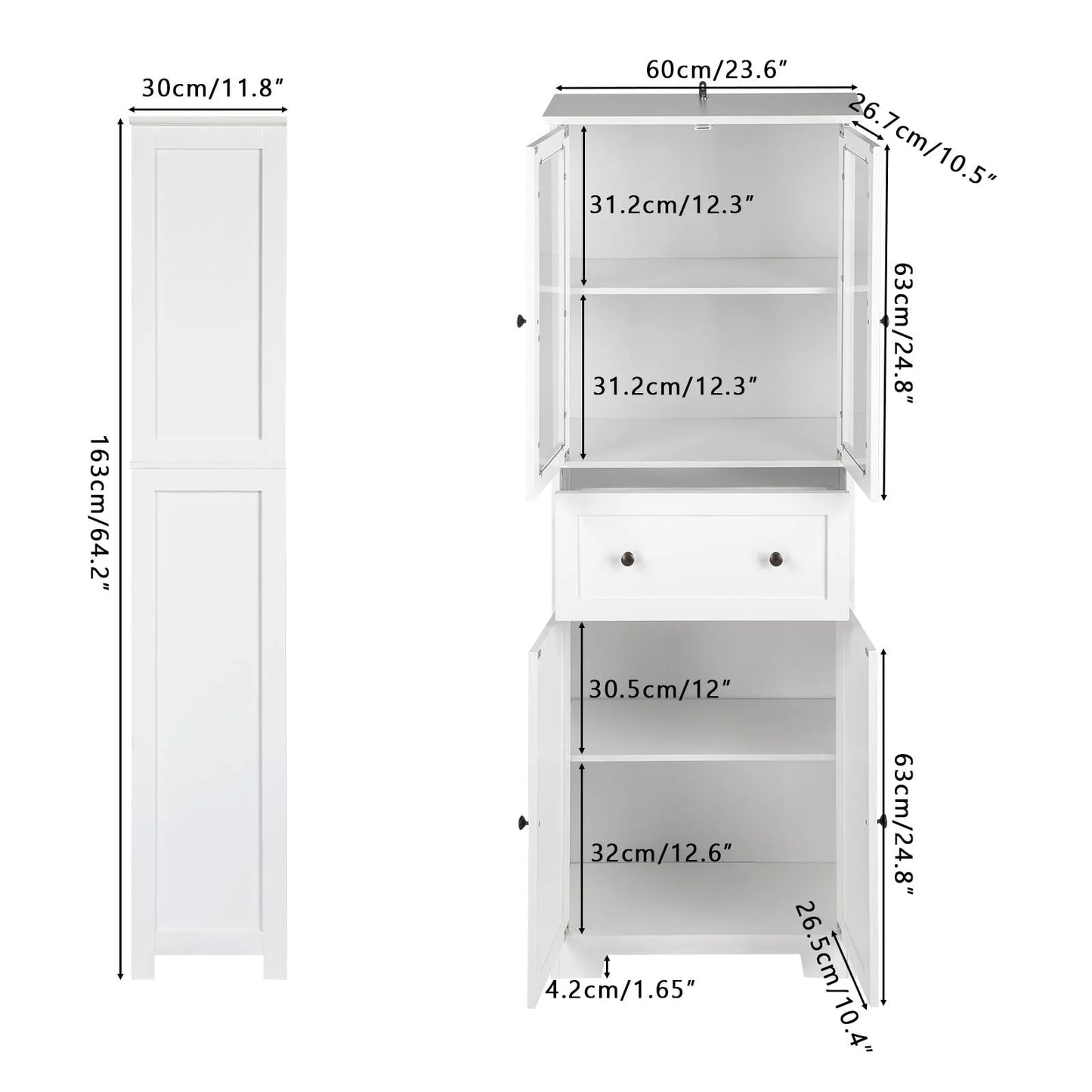 Ktaxon 64" Tall Bathroom Storage Cabinet Organizer, Freestanding Kitchen Pantry Cabinet Line Tower with 2 Glass Doors, Large Drawer & 4 Adjustable Shelves for Dining Room Living Room Home Office,White