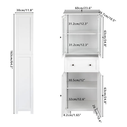 Ktaxon 64" Tall Bathroom Storage Cabinet Organizer, Freestanding Kitchen Pantry Cabinet Line Tower with 2 Glass Doors, Large Drawer & 4 Adjustable Shelves for Dining Room Living Room Home Office,White