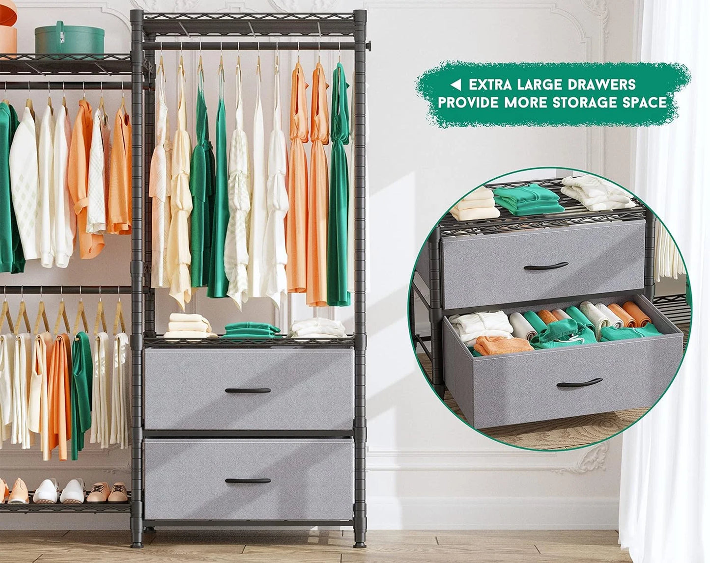 EnHomee Clothing Rack Heavy Duty Clothes Rack with 2 Drawers Adjustable Metal Wardrobe Organizer,620lbs Load Capacity