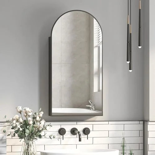 Black Arched Medicine Cabinet with Mirror, 16x31Inch, Bathroom, Modern Style, 3 Glass Shelves, Wall Mount