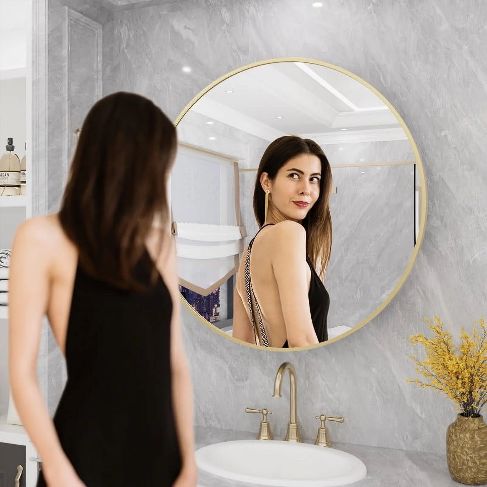 WallBeyond Bathroom Medicine Cabinet with Round Mirror Aluminum Framed 24", Gold