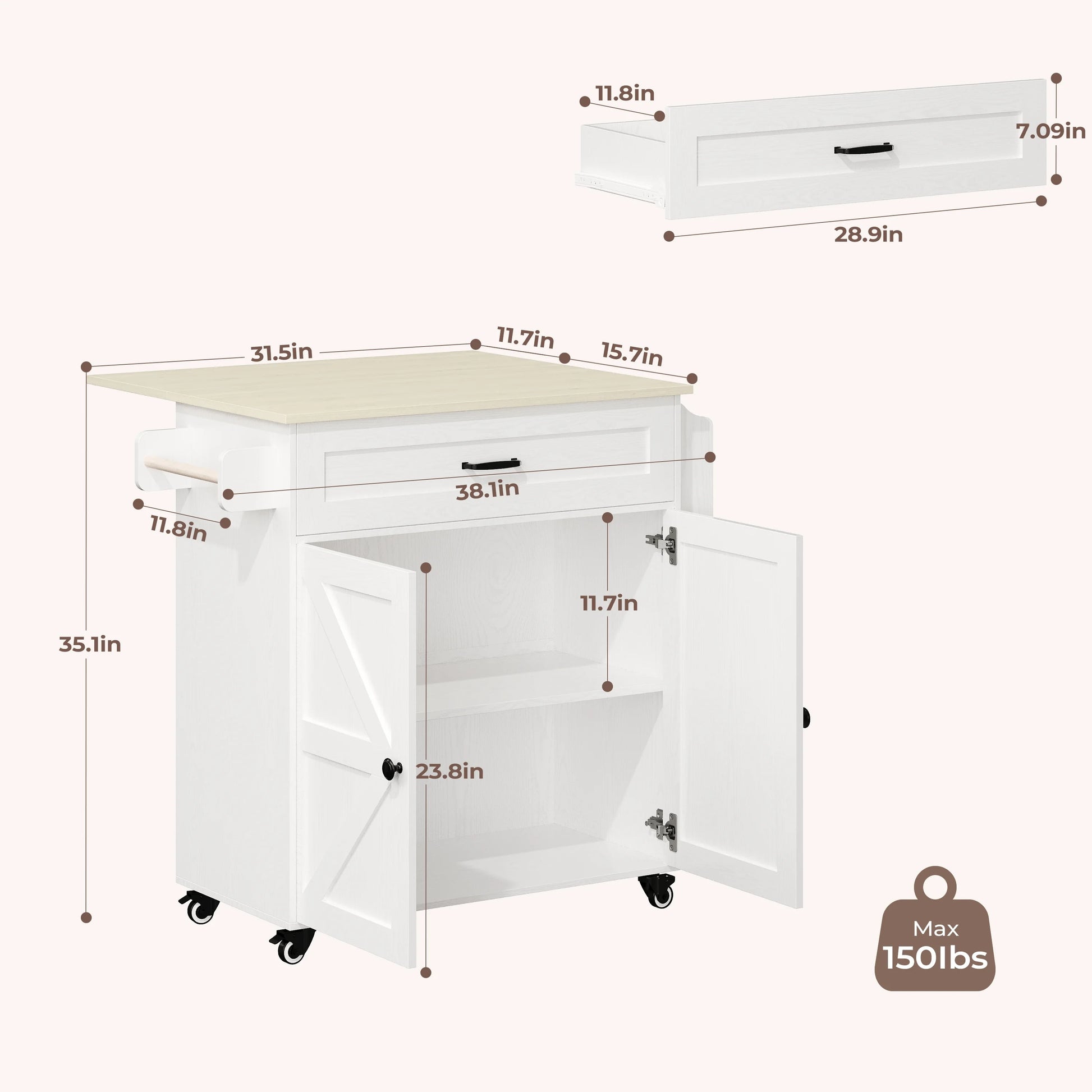 IRONCK 31.5" Rolling Kitchen Island Cart with Drop Leaf, Drawer, Adjustable Storage Cabinet, Spice Rack and Towel Holder
