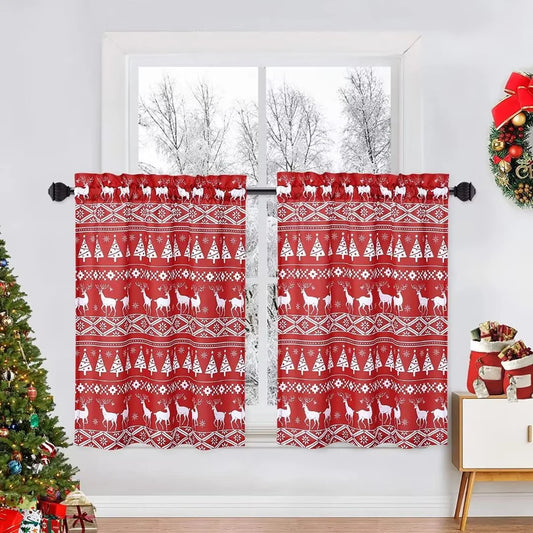 GlowSol 26"W x 24"L Boho Xmas Cafe Curtains Tree Deer Pattern Bathroom Curtain Blackout Half Window Kitchen Cafe Curtains, Red, Set of 2