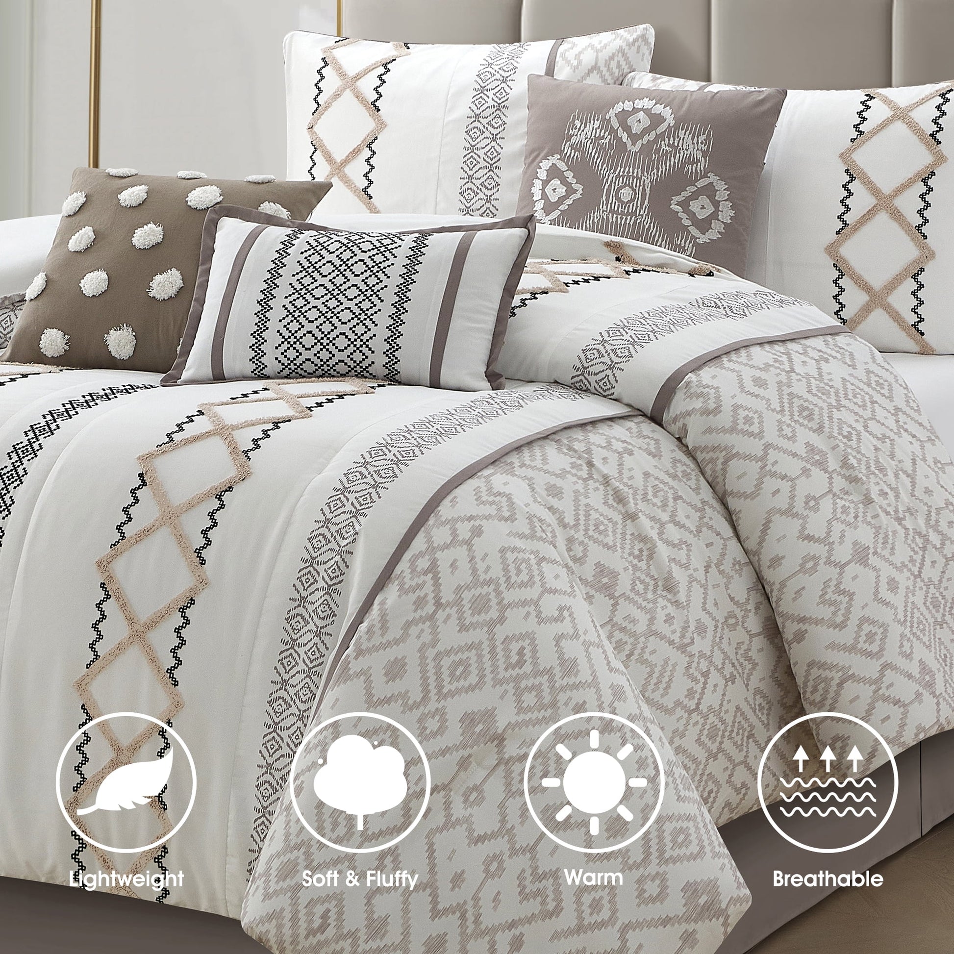 Lanco Luxury 7 Piece Cozy Boho Comforter Set Queen Beige Embroidered Girls Bedding, Premium Microfiber, All Season Home Décor