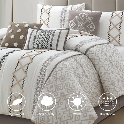 Lanco Luxury 7 Piece Cozy Boho Comforter Set Queen Beige Embroidered Girls Bedding, Premium Microfiber, All Season Home Décor