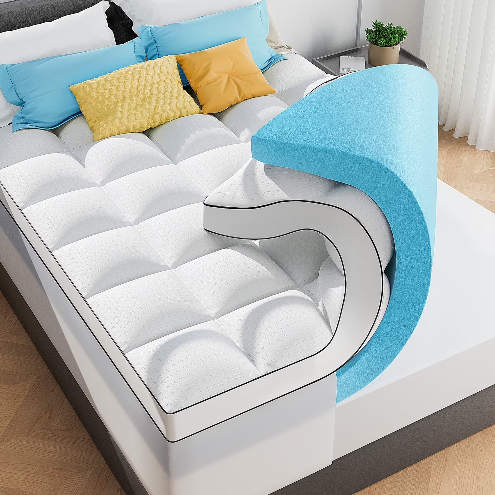 Queen Size Dual Layer 4 Inch Memory Foam Mattress Topper, 2 Inch Gel Memory Foam and 2 Inch Cooling Pillow Top Mattress Pad Cover for Back Pain, Medium Support