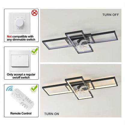 Garwarm Modern Black LED Ceiling Fan With Lights Low Profile 35" Dimmable Square with Remote Rectangle Light Fixture for Kitchen,Bathroom,Balcony,Living Room