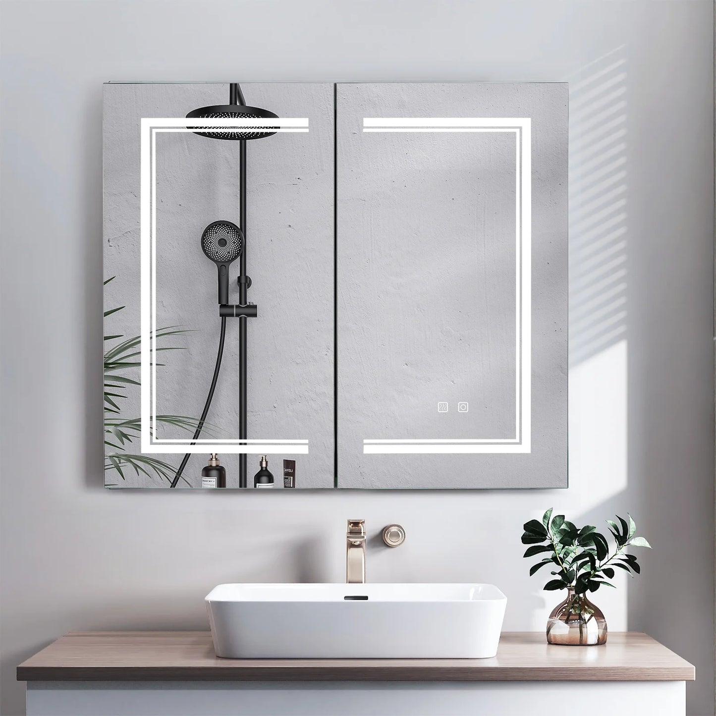 Ktaxon LED Lighted Medicine Cabinet with Mirror Bathroom Wall Cabinet w/Defogger, Dimmable, Memory function, Outlets & USB, 32"x28", Black
