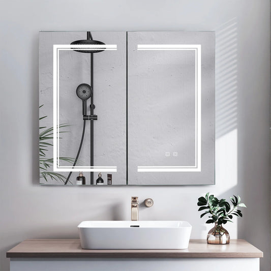 Ktaxon LED Lighted Medicine Cabinet with Mirror Bathroom Wall Cabinet w/Defogger, Dimmable, Memory function, Outlets & USB, 32"x28", Black