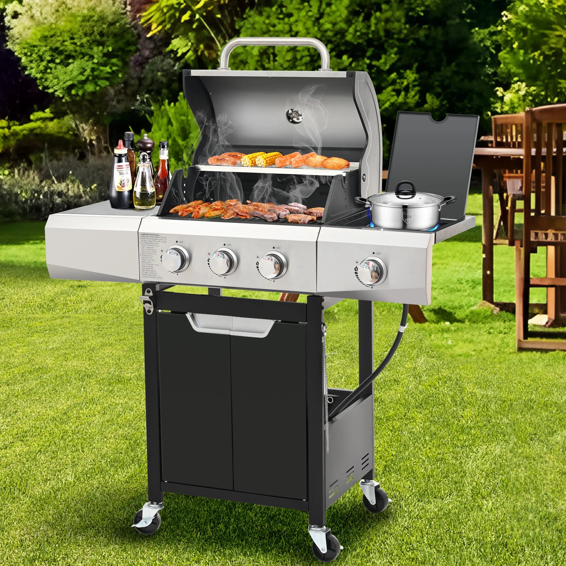 Segmart 4 Burner BBQ Propane Gas Grill with Side Burner, Stainless Steel 50,000 BTU Patio Barbecue Grill with Shelf, Gas Tank Hook, Towel Rack & Bottle Opener, Fits for Camping, Outdoor Cooking