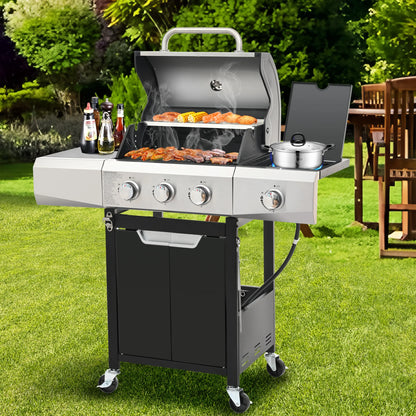 Segmart 4 Burner BBQ Propane Gas Grill with Side Burner, Stainless Steel 50,000 BTU Patio Barbecue Grill with Shelf, Gas Tank Hook, Towel Rack & Bottle Opener, Fits for Camping, Outdoor Cooking