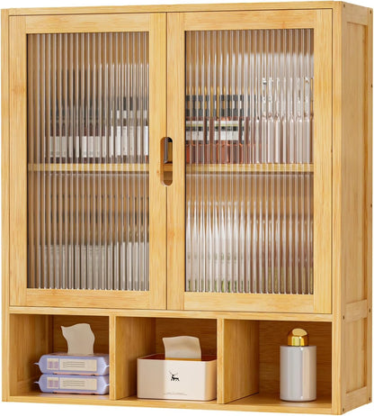 Bathroom Wall Cabinet with 2 Frosted Door,Bamboo Medicine Organizer with Open Compartment,Over The Toilet Storage Shelf Space Saver (Brown)