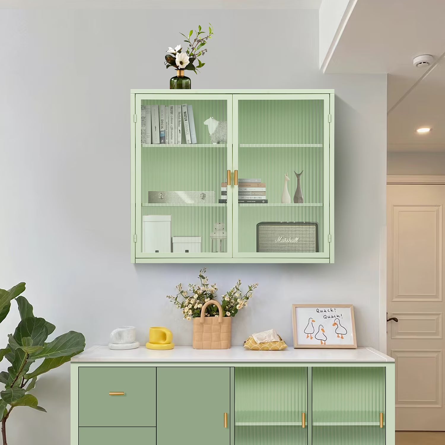 Royard Oaktree Metal Wall Cabinet with Glass Doors 3-Tier Wall Mounted Storage Cabinet with Detachable Shelves Modern Medicine Cabinet for Kitchen Bathroom Living Room, Mint Green
