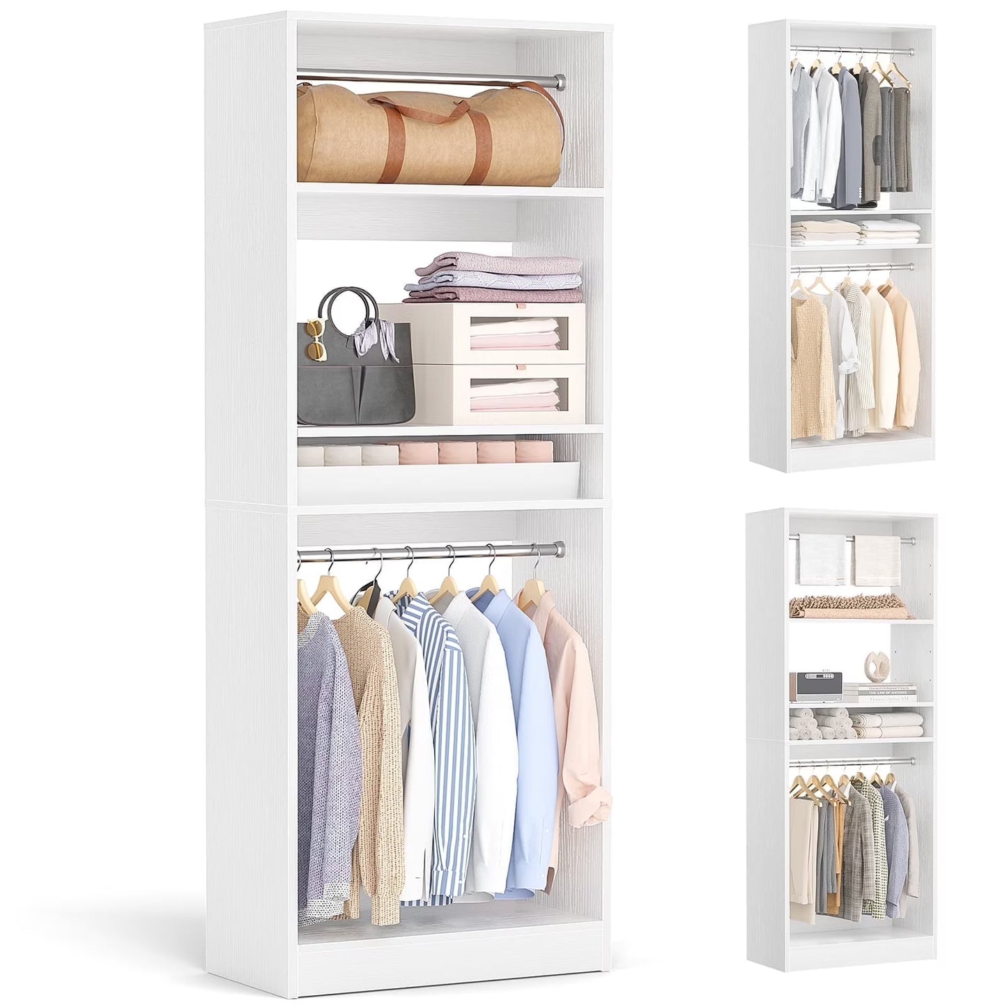 Homieasy 25°?Closet System, Freestanding Closet Organizer Wardrobe with Hanging Rods and Shelves, Adjustable Clothes Garment Rack, Sturdy Walk in Closet Tower, White