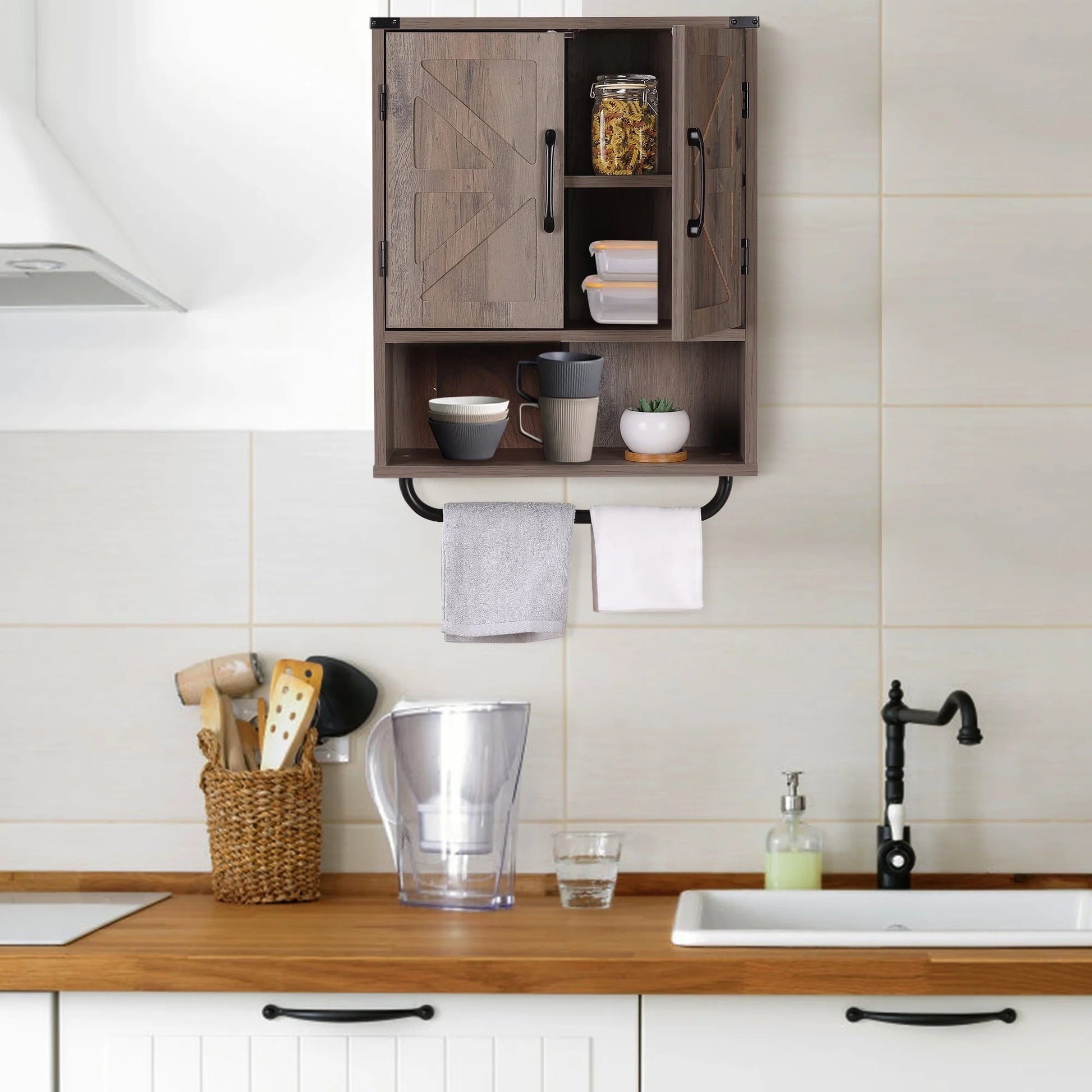 Rustown Farmhouse Wall Storage Cabinet with Two Barn Door, Rustic Mounted Medicine Cabinet with Adjustable Shelf and Towel Bar, 3-Tier Wood Cabinet for Kitchen, Bathroom, Living Room (Washed Oak)