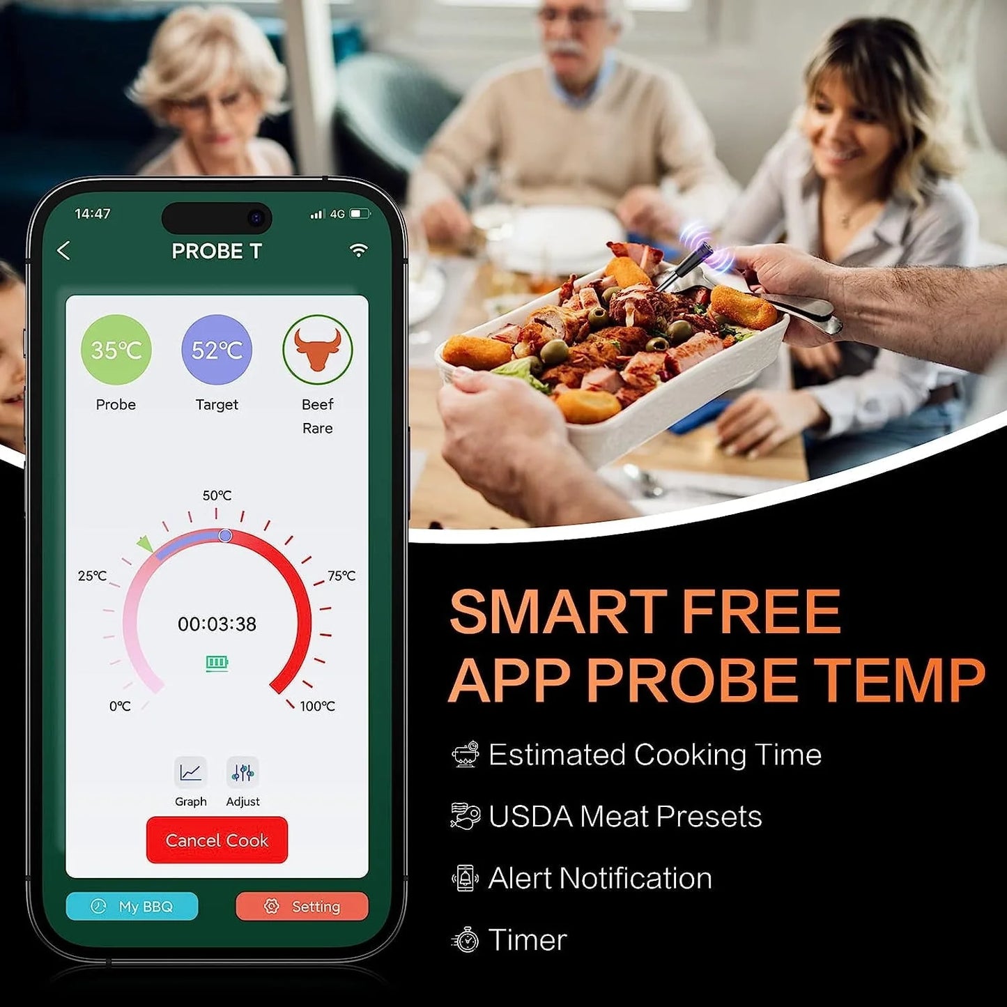 Smart Wireless Meat Thermometer with Bluetooth, delpattern Food Thermometer with Temperature Probe, APP Control, BBQ Grill Thermometer for Grilling