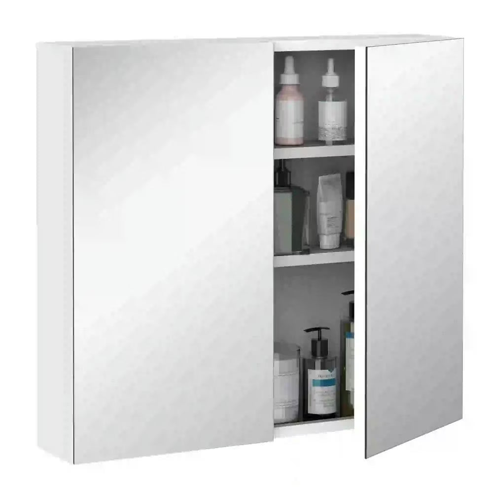 Spaco Bathroom Mirrored Cabinet with Double Doors, 24"x22" Steel Frame Medicine Cabinet, Wall-Mounted Storage Organizer, White