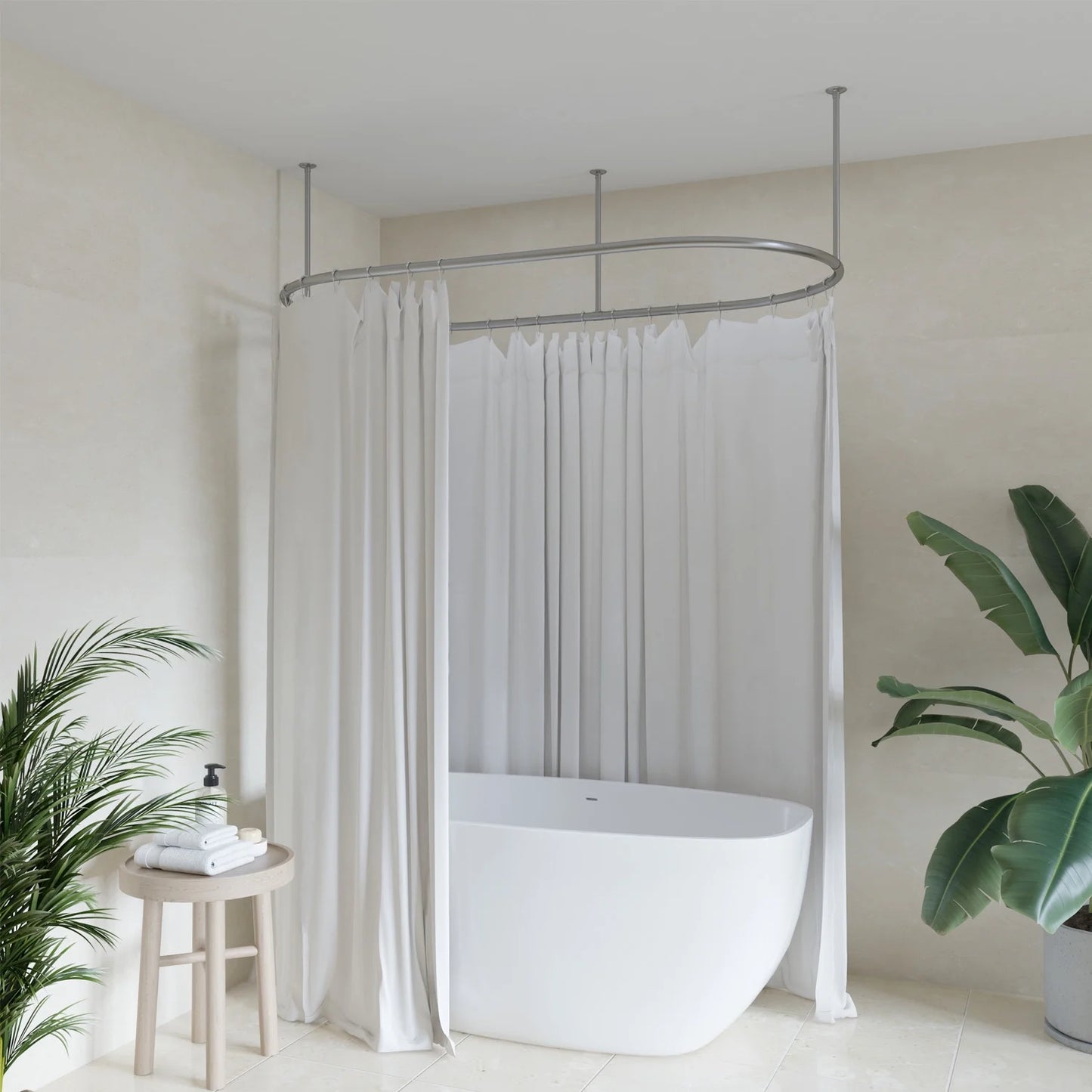 Naiture Stainless Steel Oval Shower Curtain Rod with Ceiling Support for Clawfoot Tub in 48" L X 30" W, Brushed Nickel Finish
