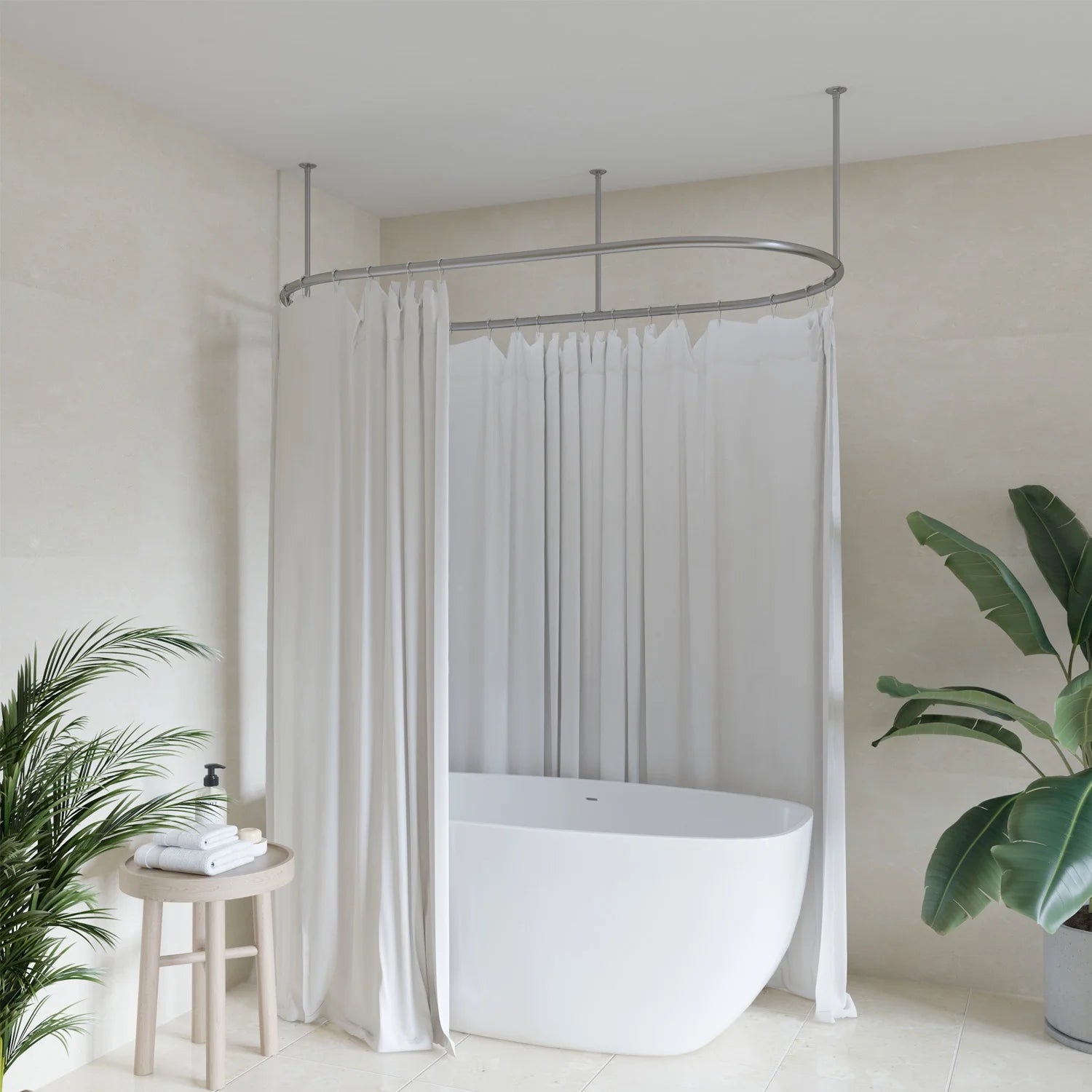 Naiture Stainless Steel Oval Shower Curtain Rod with Ceiling Support for Clawfoot Tub in 48" L X 30" W, Brushed Nickel Finish